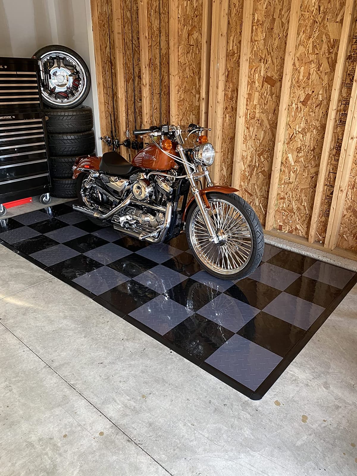 IncStores ⅜ Inch Thick Nitro Interlocking Garage Floor Tiles | Plastic Floor Tile Set for Parking, Protecting, and Displaying Motorcycles | 12