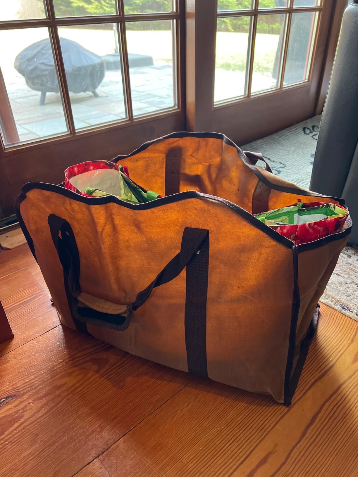 LivinWell Firewood Carrier Log Tote Bag Stands Up for Easy Wood Loading Large Heavy Duty Waxed Canvas Optional Metal Rack for Fireplace Storage Carry Basket with Closed Ends customer photo 1