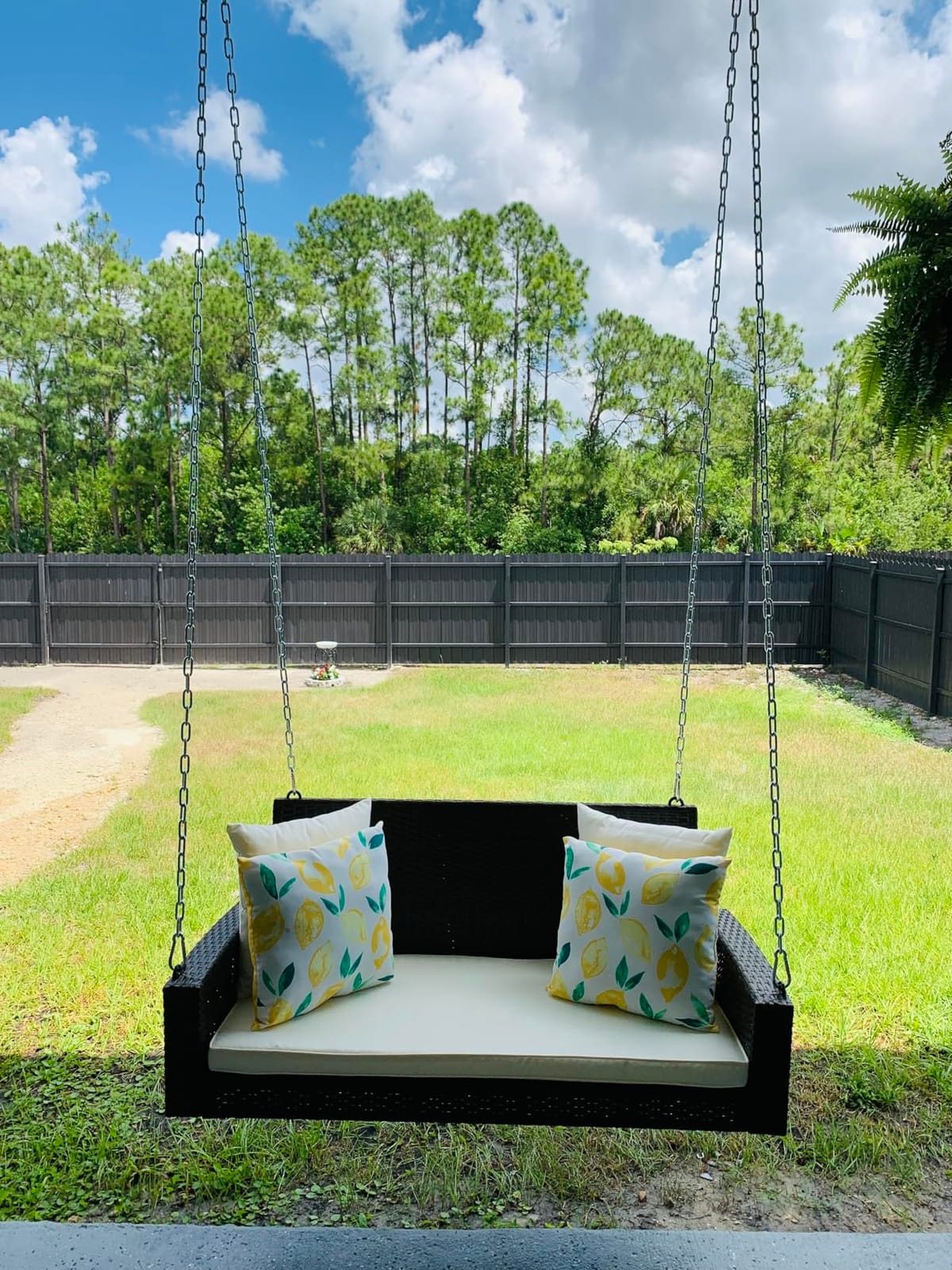 Tangkula 2-Person Wicker Porch Swing, Patiojoy Outdoor Rattan Hanging Swing Bench W/ 2 Back Cushions & 1 Seat Cushion, Sturdy Steel Chain, 800lbs Weight Capacity customer photo 2