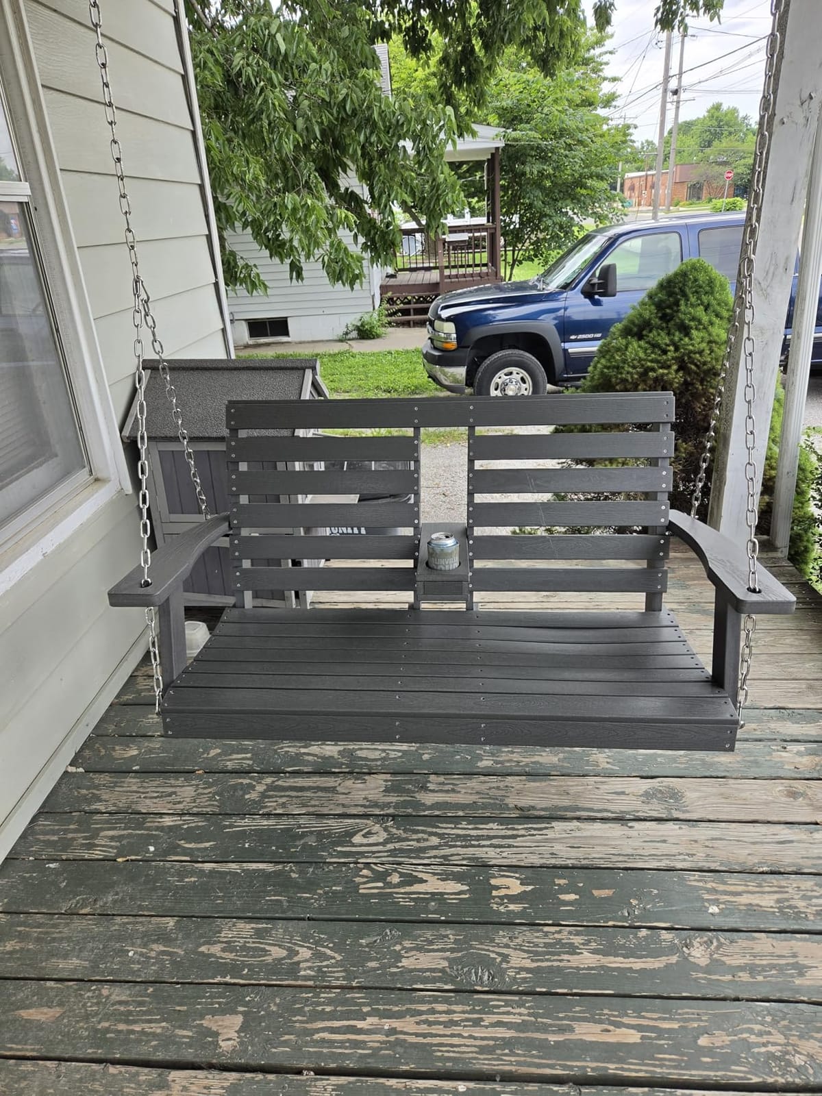 KINGYES Outdoor Hanging Porch Swing, Patio Swing with Cup Holders, Gray customer photo 1