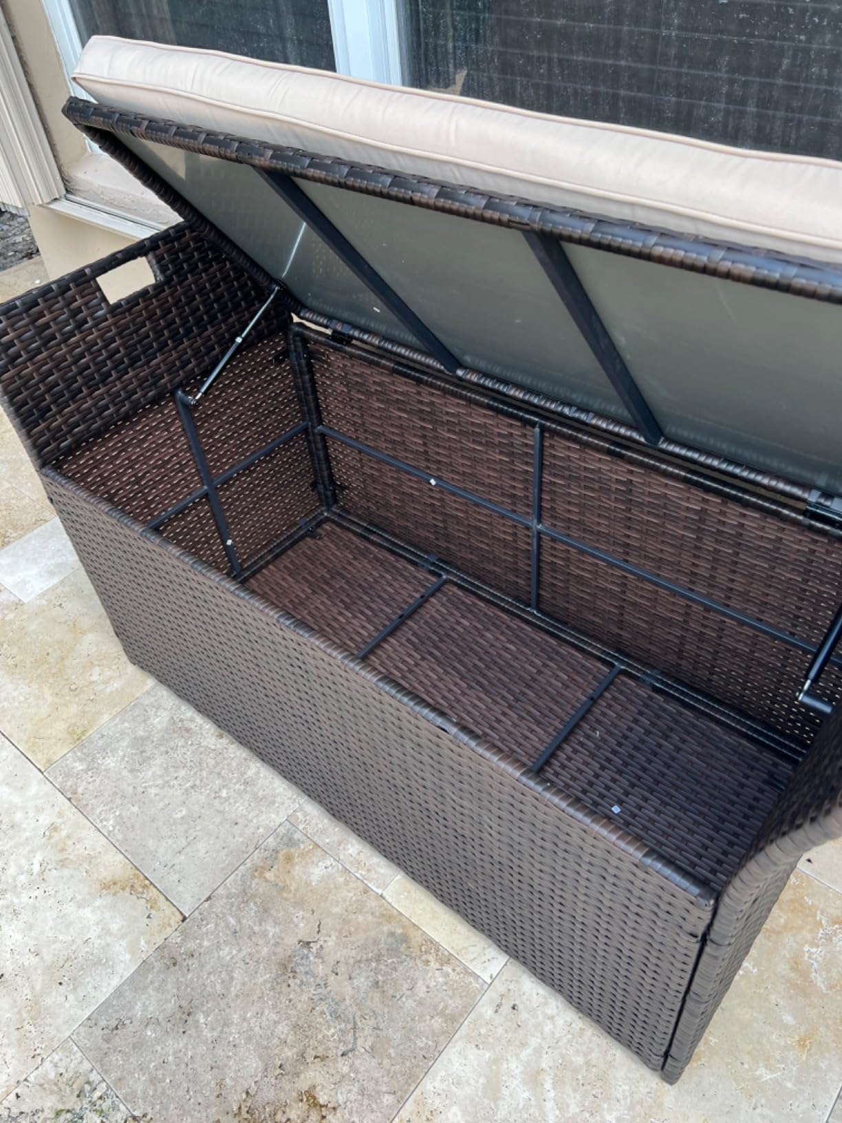 VINGLI 40 Gallon Outdoor Storage Bench with Cushion, Rattan Storage Box, Patio Wicker Deck Box with Seat for Garden | Balcony | Porch | Pool | Yard (Brown Frame + Beige Cushion) customer photo 1