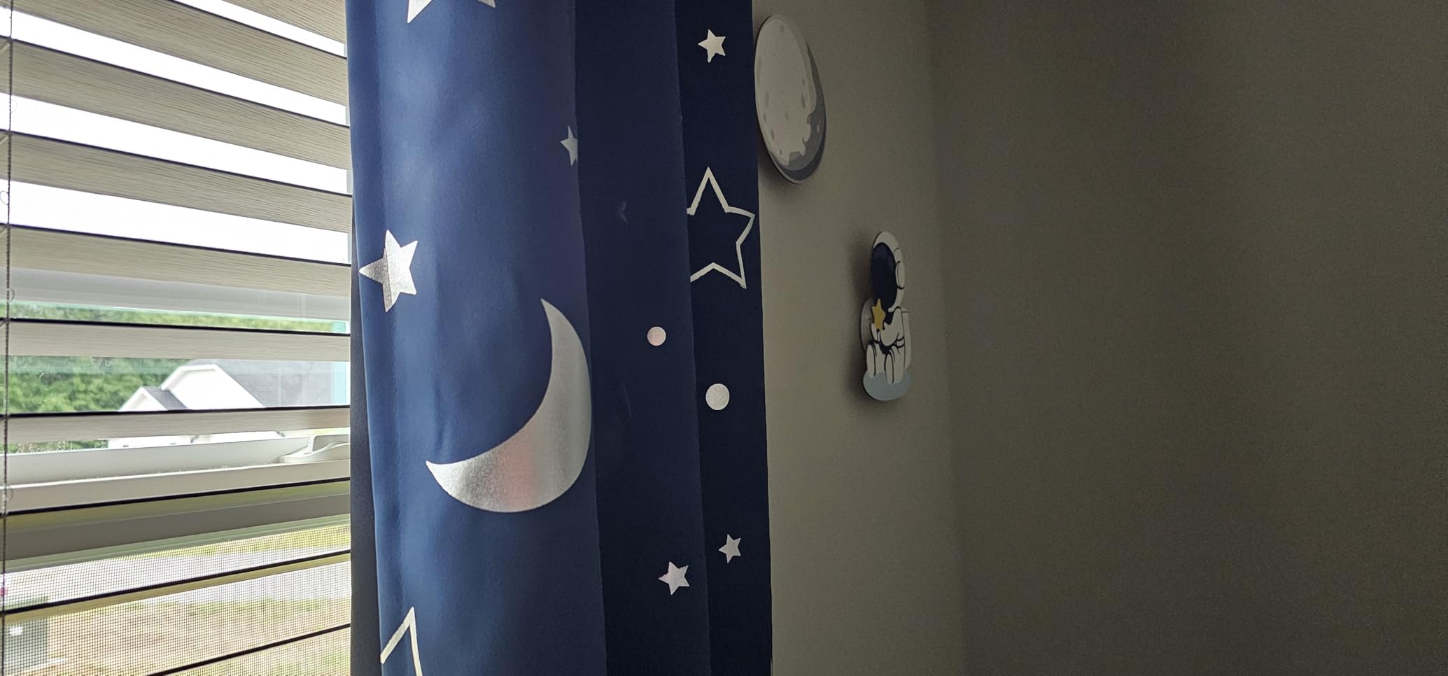 WUBODTI 100% Blackout Grey Curtains for Bedroom Nursery 96 Inch Length 2 Panel Sets, Silver Foil Shiny Big Star and Moon Room Darkening Space Theme Window Curtain for Boys Baby, 52 x96 Inch customer photo 1
