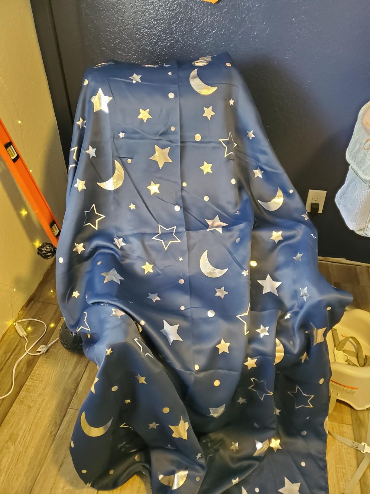 WUBODTI 100% Blackout Grey Curtains for Bedroom Nursery 96 Inch Length 2 Panel Sets, Silver Foil Shiny Big Star and Moon Room Darkening Space Theme Window Curtain for Boys Baby, 52 x96 Inch customer photo 2