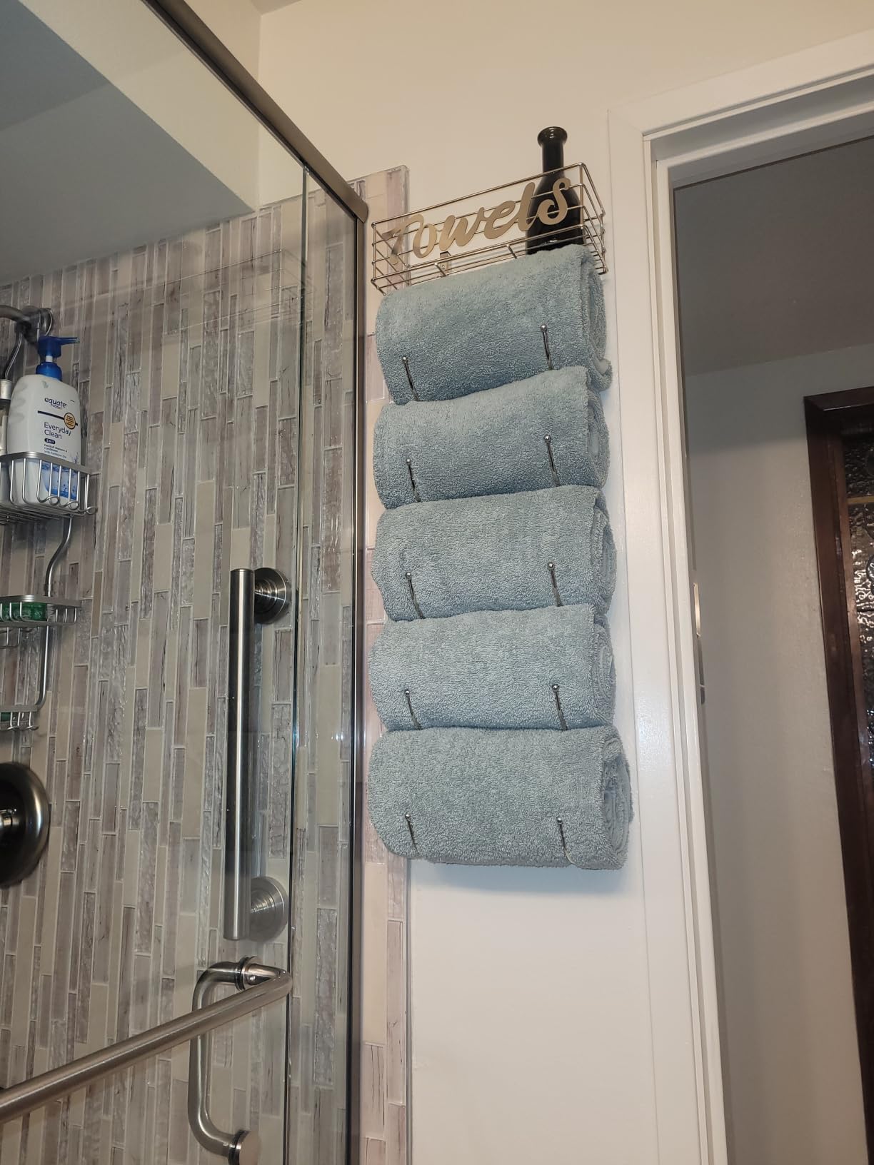 HapiRm Towel Racks for Bathroom Storage - 6 Tier Over The Door & Wall Mount Rolled Towel Storage Organizer Holder with Metal Shelf Basket for Small Bathroom, Camper, Rv - Black, Patented customer photo 1