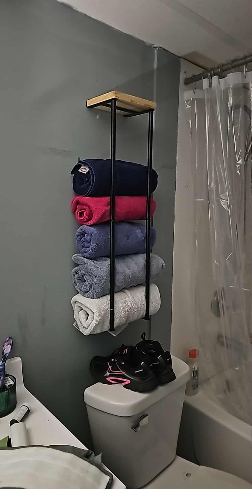 Towel Racks for Bathroom, 2 Tier Wall Towel Holder with Wood Shelf, Metal Wall Mounted Towel Rack Bathroom Organizers and Storage, Black customer photo 1