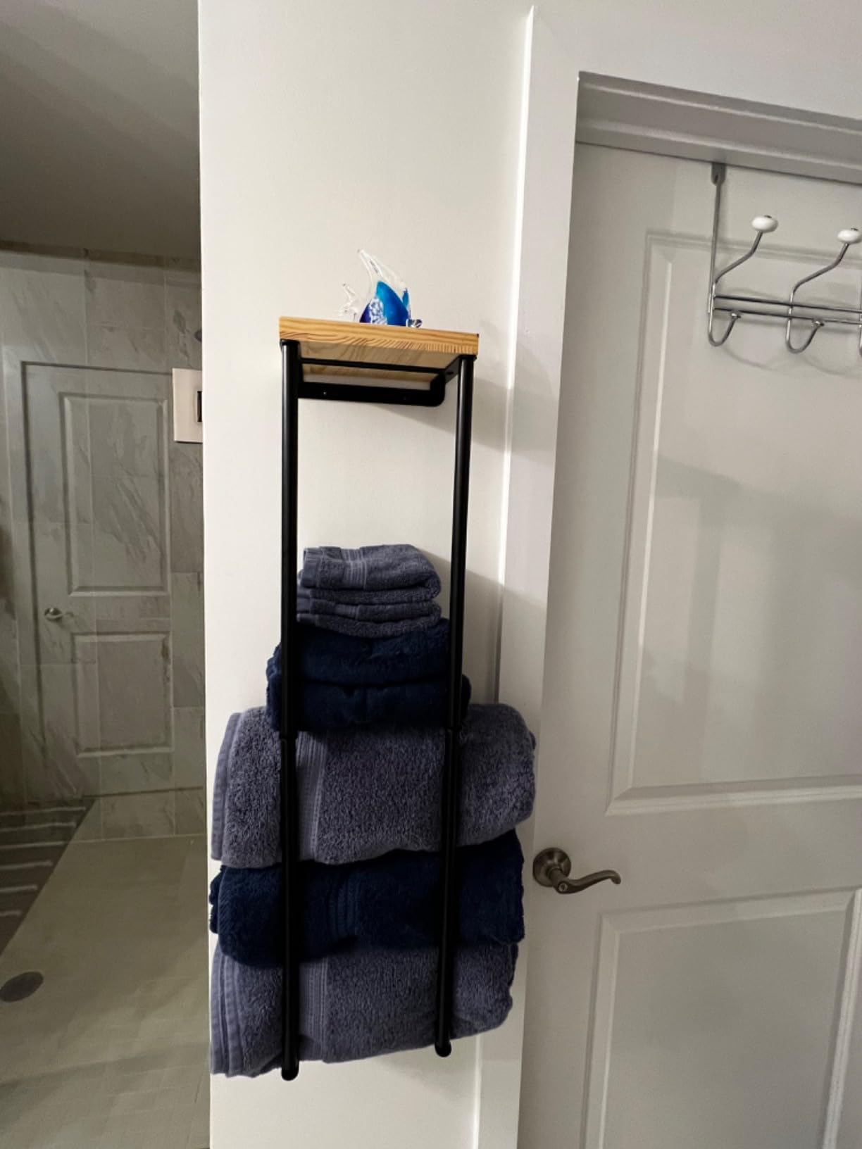 Towel Racks for Bathroom, 2 Tier Wall Towel Holder with Wood Shelf, Metal Wall Mounted Towel Rack Bathroom Organizers and Storage, Black customer photo 2