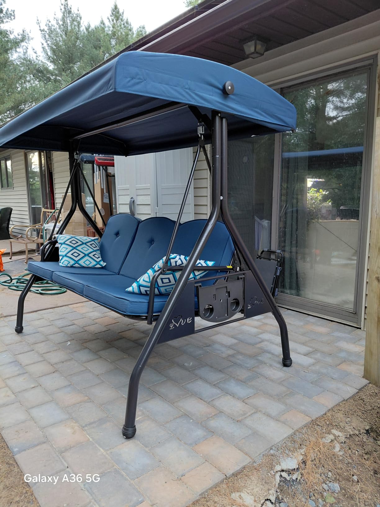 ZZW 3 Seat Outdoor Porch Patio Swing with Stand 800lbs 2-in-1 Convertible Swing Bed with Adjustable Canopy & Removable Cushion for Yard Garden Deck (Blue, Square Tube) customer photo 2