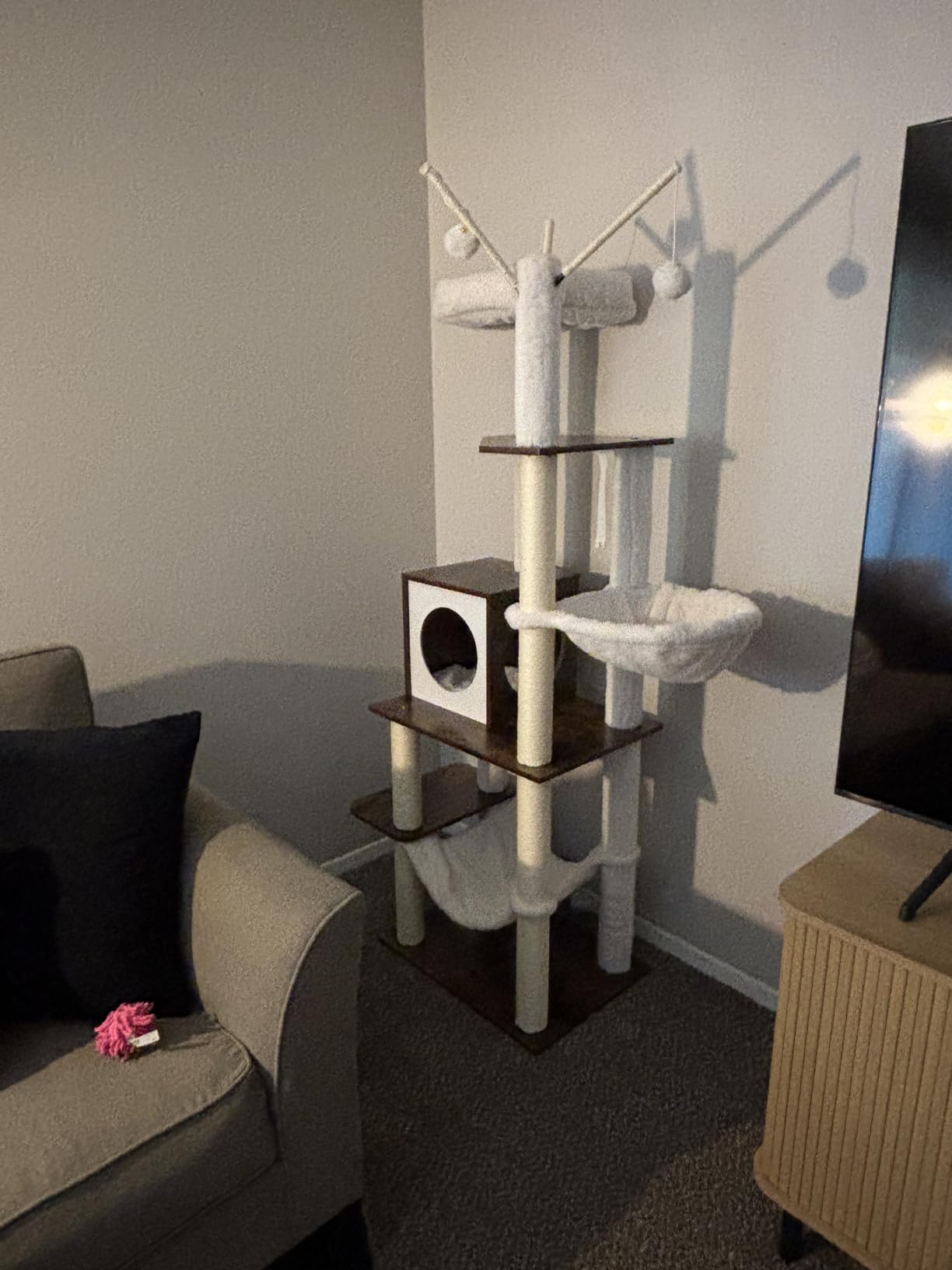 Hey-brother Wooden Cat Tree Tower with Rattan Condo, Large Platform, 2 Cozy Hammocks, Basket, Self-Grooming Brush, 9 Full Sisal Scratching Posts for Indoor Adult Cats, 73 Inches, Rustic Brown MPJ122SR customer photo 1